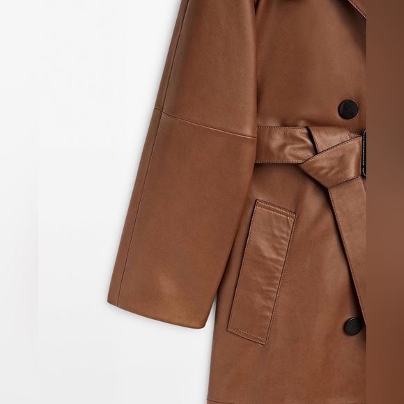 Massimo Dutti leather trench coat brown belted classic casual jacket - Picture 11 of 13